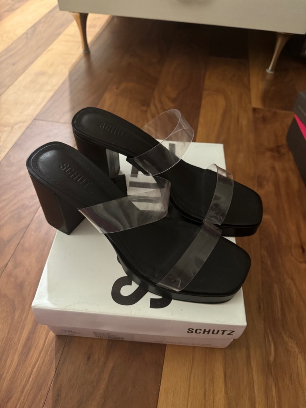SCHUTZ Black Block Heel Mules with Clear Straps